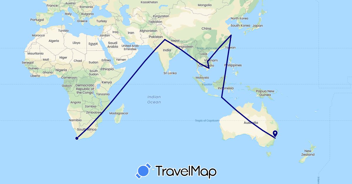 TravelMap itinerary: driving in Australia, China, Indonesia, India, Cambodia, Laos, Thailand, Vietnam, South Africa (Africa, Asia, Oceania)